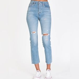 Levi's Wedgie Straight High Rise Raw Hem Distressed Jean Blue size 28